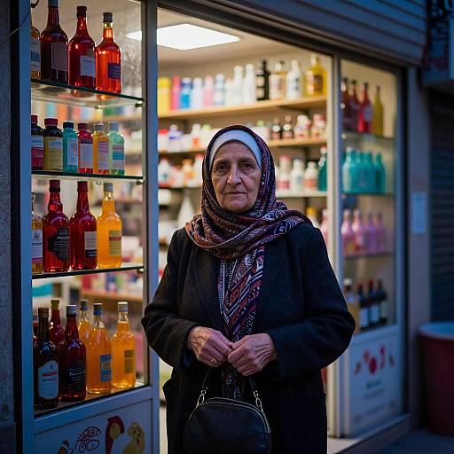 Photograph of an elderly woman in a black coat and headscarf, standing in front of a brightly lit liquor store with colorful bottles.
