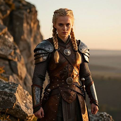 Photograph of a fierce blonde woman in medieval Viking armor with braided hair, standing on rocky terrain at sunset, glowing light behind her.
