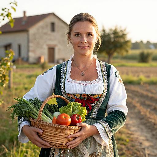 Photograph of a smiling woman in traditional Bavarian dress holding a wicker basket with fresh vegetables and tomatoes, standing in a sunlit rural field with