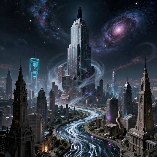 Digital artwork of a futuristic cityscape at night with glowing skyscrapers, a winding light trail, and a swirling vortex above. A vibrant galaxy is