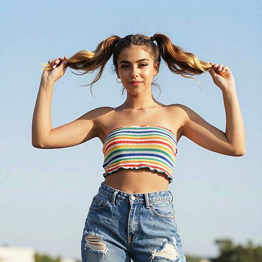 Photograph of a young woman with light brown skin and dark hair in pigtails, wearing a rainbow-striped tube top and ripped blue jeans, standing