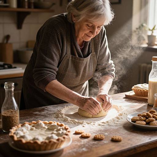 Photograph of an elderly woman with gray hair, wearing a brown apron, rolling dough on a sunlit kitchen counter with baking utensils and past