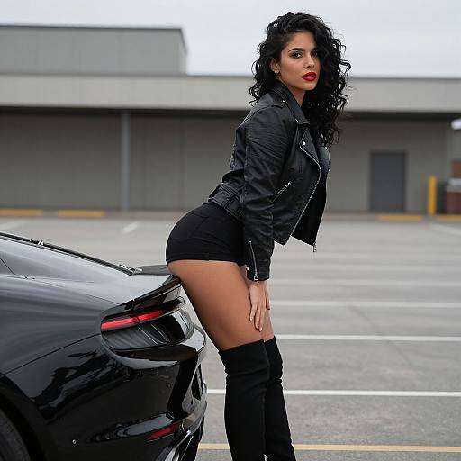 Photograph of a curvy woman with dark curly hair, red lipstick, black leather jacket, black shorts, and thigh-high boots, leaning against a