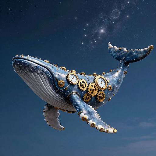 Digital art of a blue whale with golden gears integrated into its body, floating in a starry, cosmic blue sky.