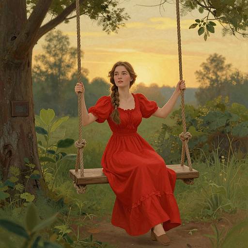 Photograph of a young woman with braided brown hair, wearing a red dress, sitting on a wooden swing in a lush, sunset-lit forest