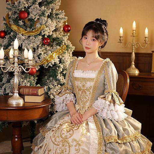 Photograph of an East Asian woman in an ornate, gold-embroidered Victorian dress, seated by a decorated Christmas tree and candlelit table