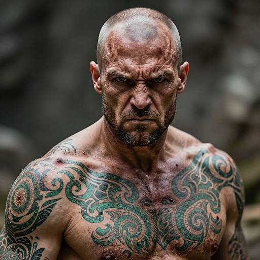 Photograph of a muscular, bald, bearded man with intense expression, dark tattoos across chest and shoulders, against a blurry dark background.