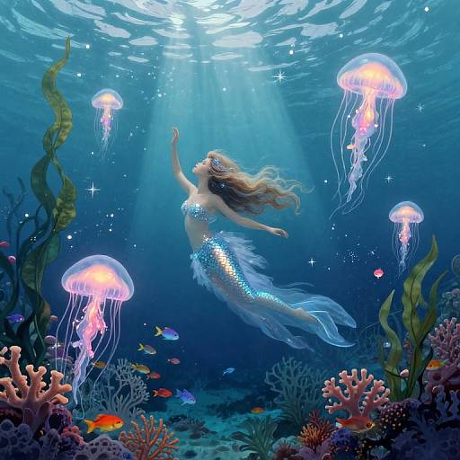 Digital illustration of a mermaid with long blonde hair, shimmering blue scales, and a translucent tail, swimming among glowing jellyfish in a vibrant underwater