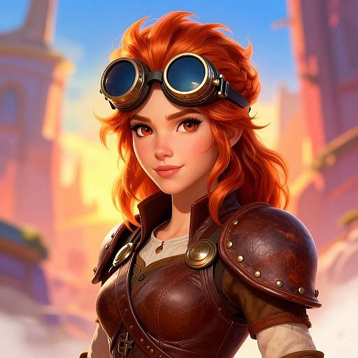 Digital artwork of a red-haired woman with goggles, wearing a brown leather steampunk outfit, set against a vibrant, colorful cityscape.