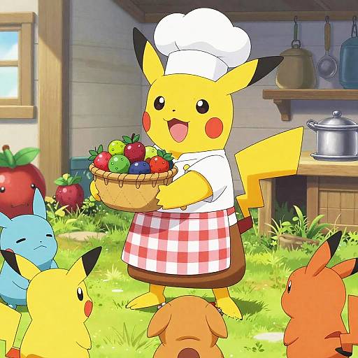 Jovial Pokémon Chef in Rustic Kitchen