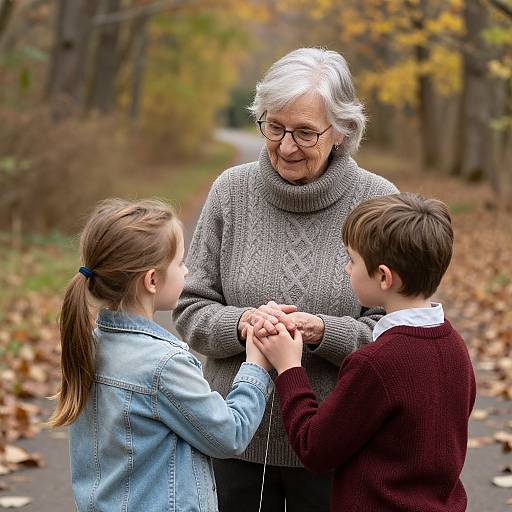 Photograph of an elderly woman with white hair, glasses, gray sweater, holding hands with two children, one girl in denim jacket, one boy in