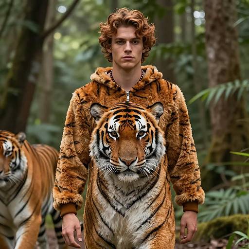 Young man in realistic tiger costume in forest
