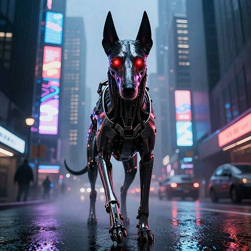 Cyberpunk street scene with a glowing red-eyed, metallic dog statue stalking a neon-lit, rainy city street at night.