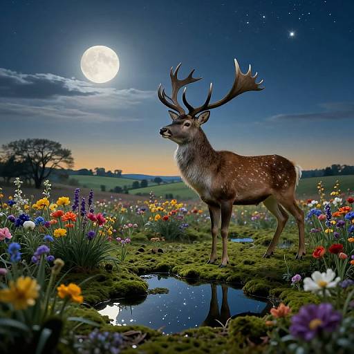 Photograph-style digital art of a majestic deer with large antlers standing in a vibrant, moonlit meadow filled with colorful flowers and a reflective pudd