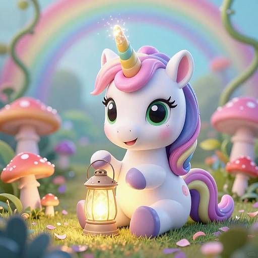Cute digital CGI of a white, pastel-maned unicorn with a glowing horn, sitting beside a lantern in a whimsical, rainbow-filled forest