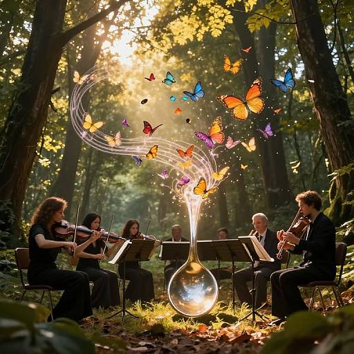 Photograph of string quartet performing in forest, surrounded by colorful butterflies emerging from glowing glass vase, sunlight filtering through trees.