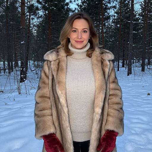 Photograph of a smiling woman with light brown hair, wearing a fur coat, white knit turtleneck, and red gloves, standing in a snowy