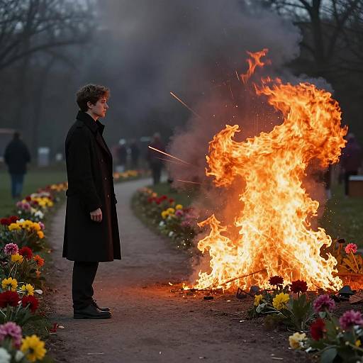 Mysterious Man with Fireball and Flowers