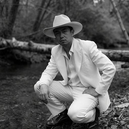 Noir Man in White Suit by Stream