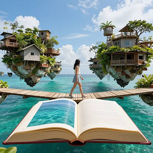 Digital artwork: A woman in a white bikini walks on a wooden bridge over a giant open book floating on turquoise water, with whimsical floating houses on