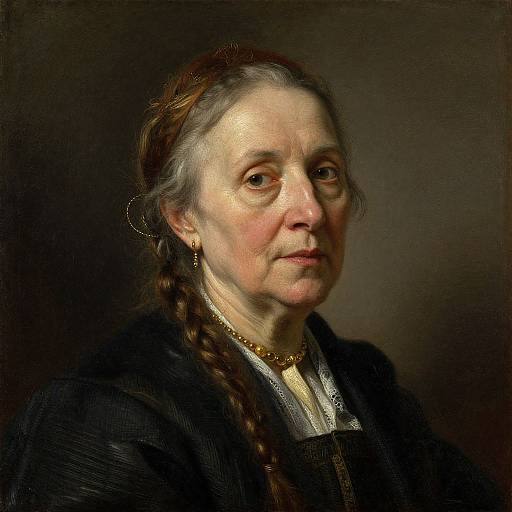 Photorealistic digital painting of an elderly woman with pale skin, brown braided hair, gold necklace, black cloak, and serious expression, against a