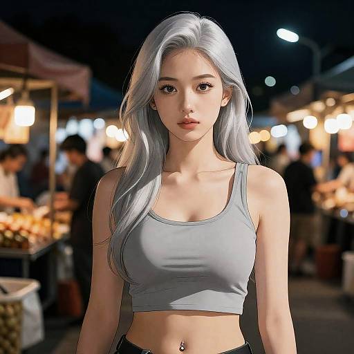 Digital anime-style photograph of a silver-haired woman with fair skin, wearing a gray crop top, standing in a nighttime market, blurred stalls and people in