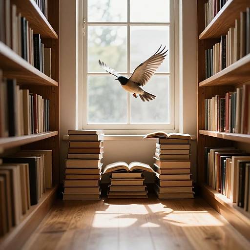 Serene Library with Soaring Bird