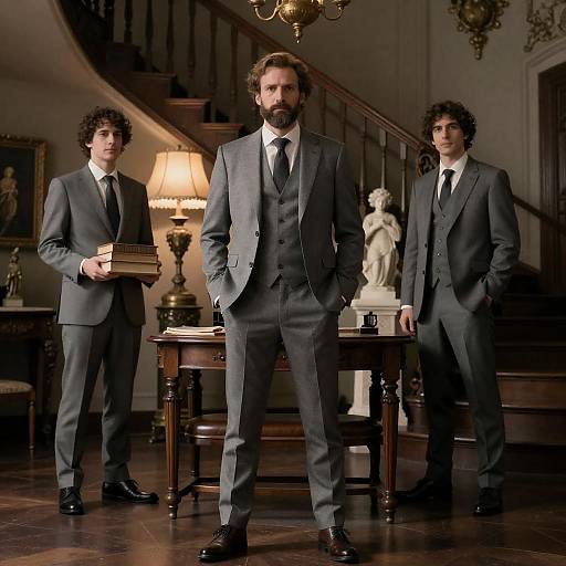 Three Men in Ornate Dimly Lit Study