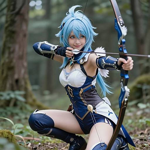 Photorealistic cosplay of a blue-haired elf archer in a forest, wearing black and white armor, with a blue bow, kneeling and drawing an