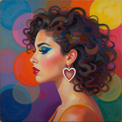 Vibrant digital painting of a woman with curly black hair, blue eyeshadow, red lipstick, heart earring, colorful abstract background.
