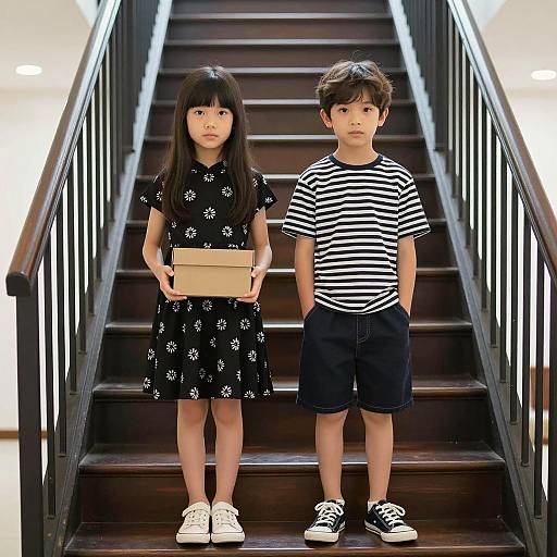 Children on Dark Wooden Stairs