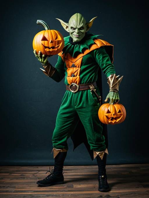 Man in Green Goblin Costume with Halloween Pumpkins