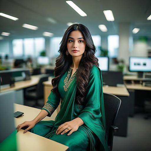 Confident Woman in Green Dress in Modern Office