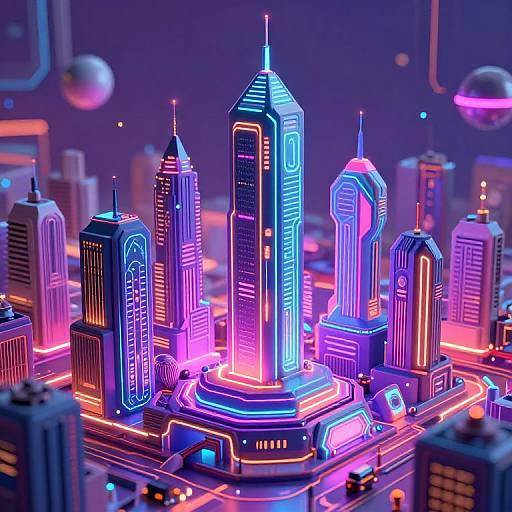 Neon-lit futuristic cityscape with vibrant purple, blue, and pink glowing skyscrapers, illuminated streets, and floating spheres in a digitally rendered