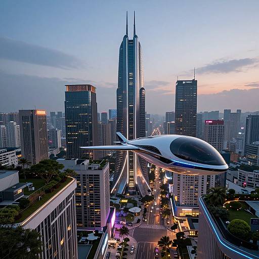 Photograph of futuristic flying car hovering above a bustling, illuminated cityscape with tall skyscrapers, including a prominent twin-towered building, at dusk
