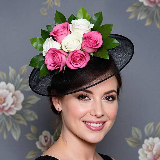 Photograph of a smiling woman with fair skin, brown hair, wearing a black floral hat with pink and white roses, against a floral-patterned gray