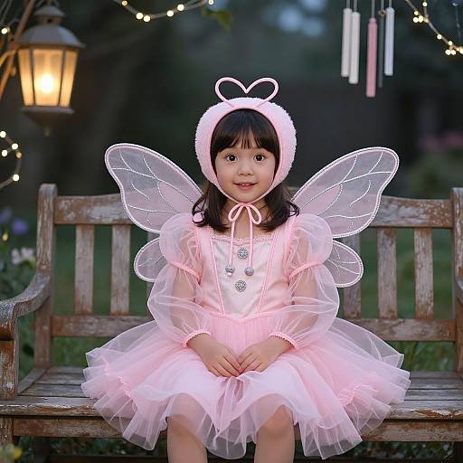 Photograph of an Asian toddler girl with black hair, wearing a pink fairy dress, translucent wings, and headband with heart shape, sitting on a