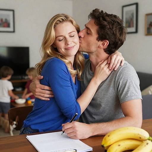 Couple Embracing at Table with Bananas