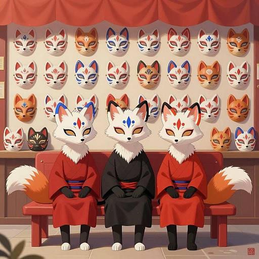 Anthropomorphic Foxes with Traditional Masks in Shop