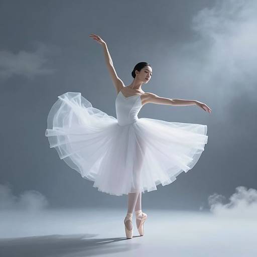 Photograph of a graceful ballerina in a radiant white tutu and pointe shoes, standing en pointe with arms elegantly extended, against