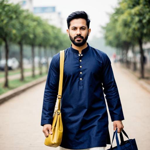 Man in Navy Blue Kurta Pajama with Bags Outdoors