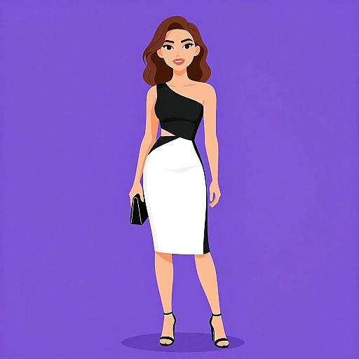 Digital illustration of a woman with wavy brown hair, wearing a black one-shoulder top and white pencil skirt, holding a black clutch, standing