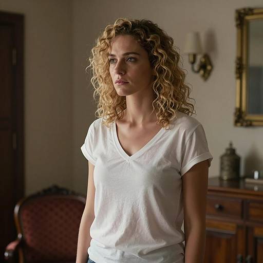 Serious Woman in Dimly Lit Room