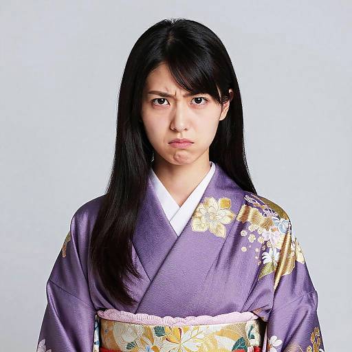 Photograph of an East Asian woman with long black hair, wearing a purple kimono with gold floral patterns, white collar, and multicolored ob