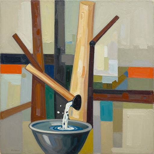 Abstract painting of a wooden spoon splashing water into a blue bowl, set against a geometric, multicolored background with bold stripes.