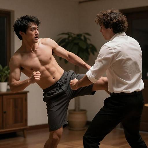 Dramatic Fight: Shirtless Man Kicked