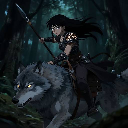 Digital anime-style drawing of a black-haired warrior with glowing eyes, riding a glowing-eyed gray wolf in a dark, misty forest.