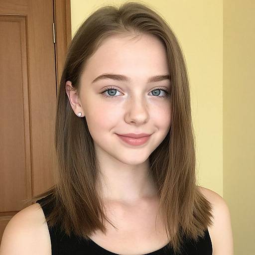 Photograph of a young white woman with straight brown hair, blue eyes, and fair skin, wearing a black sleeveless top, smiling softly, against