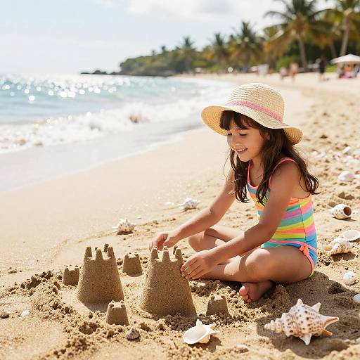 Photograph of a smiling young girl in a colorful striped swimsuit and straw hat building a sandcastle on a sunny beach.