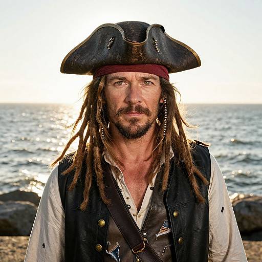 Photograph of a rugged, bearded man with dreadlocks, wearing a pirate hat, vest, and white shirt, standing by a sunlit ocean